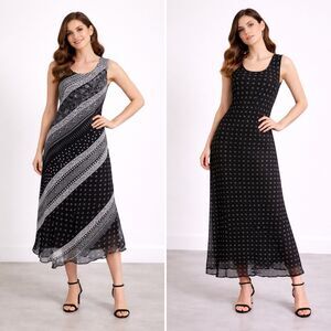 Crossing Pointe Reversible Boho Patchwork Print Black  Midi Dress